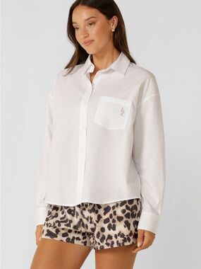 Lorna Jane White Button Front Shirt with Monogram Pocket